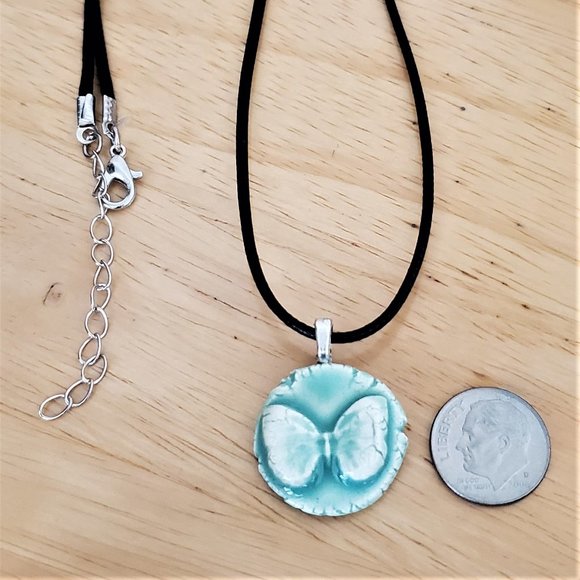 Handmade Ceramic Aqua Green Butterfly Pendant Necklace - Picture 5 of 11